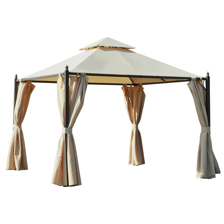 Pérgola de Jardim 300x300x270 cm Pérgola com Duplo Teto 4 Cortinas Laterais para Exterior Festas Eventos Bege