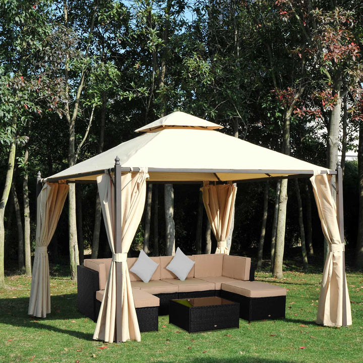 Pérgola de Jardim 300x300x270 cm Pérgola com Duplo Teto 4 Cortinas Laterais para Exterior Festas Eventos Bege