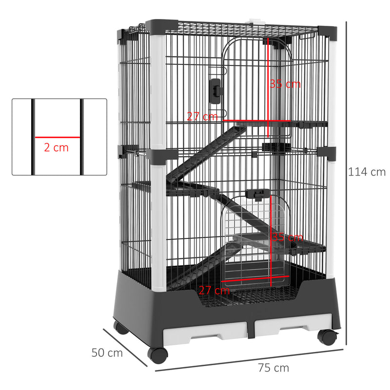 Gaiola para Animais Pequenos com Rodas 114x75x50 cm Gaiola para Animais com 3 Plataformas 3 Rampas Bandejas Amovíveis para Furão Coelhos Preto