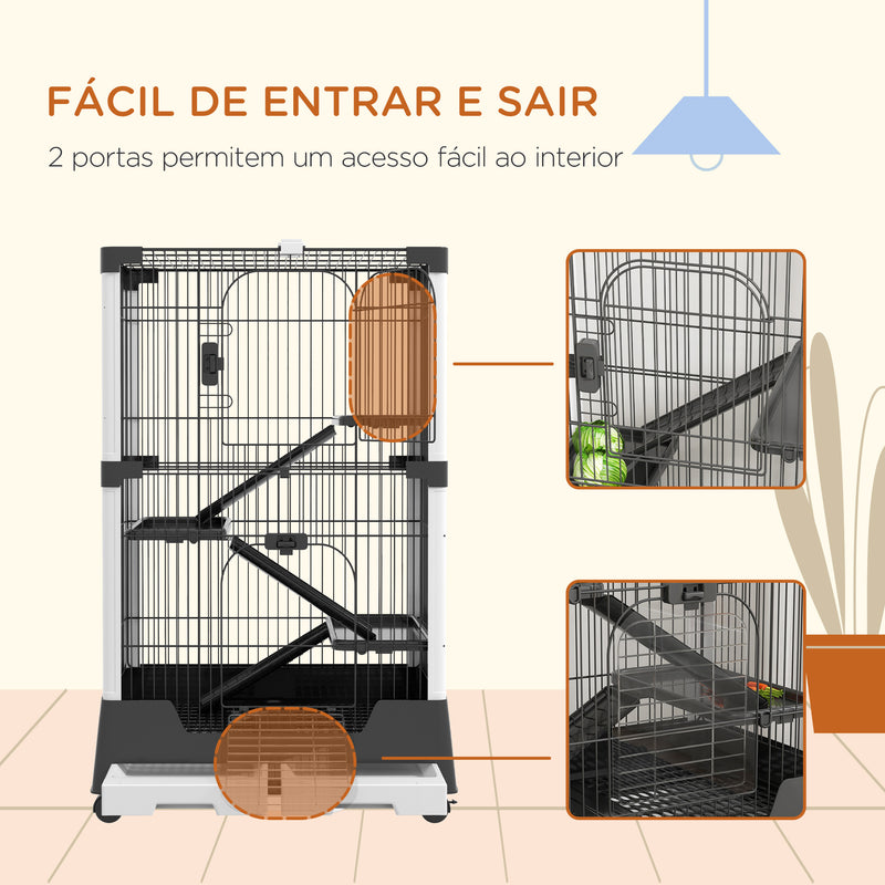 Gaiola para Animais Pequenos com Rodas 114x75x50 cm Gaiola para Animais com 3 Plataformas 3 Rampas Bandejas Amovíveis para Furão Coelhos Preto