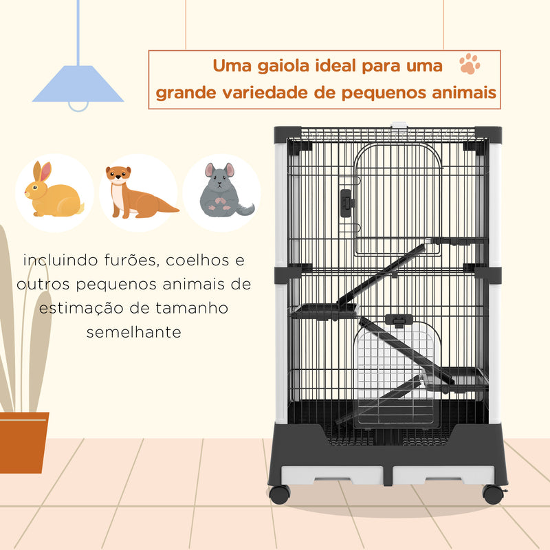 Gaiola para Animais Pequenos com Rodas 114x75x50 cm Gaiola para Animais com 3 Plataformas 3 Rampas Bandejas Amovíveis para Furão Coelhos Preto