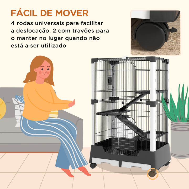 Gaiola para Animais Pequenos com Rodas 114x75x50 cm Gaiola para Animais com 3 Plataformas 3 Rampas Bandejas Amovíveis para Furão Coelhos Preto