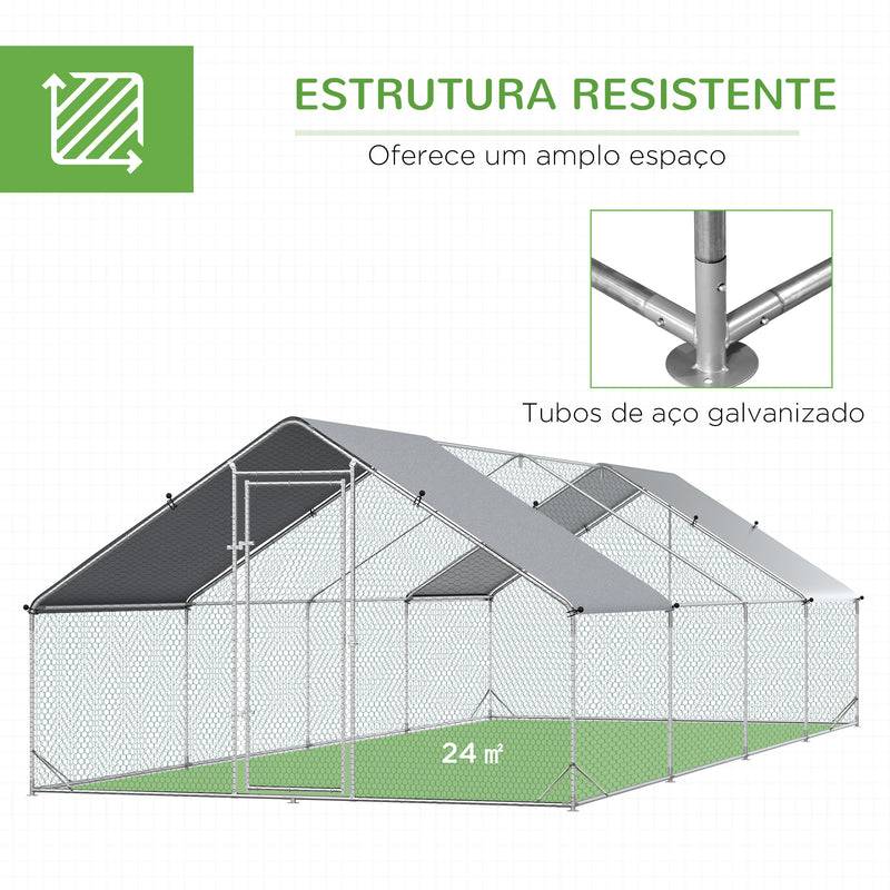 Galinheiro de Exterior Grande 3x8x2m Gaiola para 16-24 Galinhas de Aço Galvanizado com Teto de PE e Fechadura para Coelhos Prata