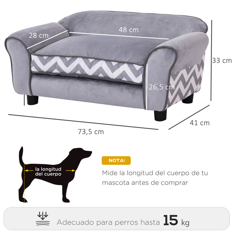 Sofá para animais de estimação com pernas de madeira com almofada acolchoada aconchegante e capa lavável 73,5x41x33 cm cinza