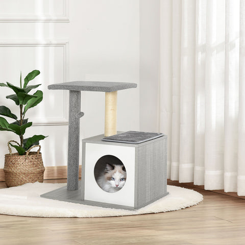 Árvore para gatos de 3 níveis com plataformas postes para arranhar caverna espaçosa almofadas removíveis 59x39x62 cinza