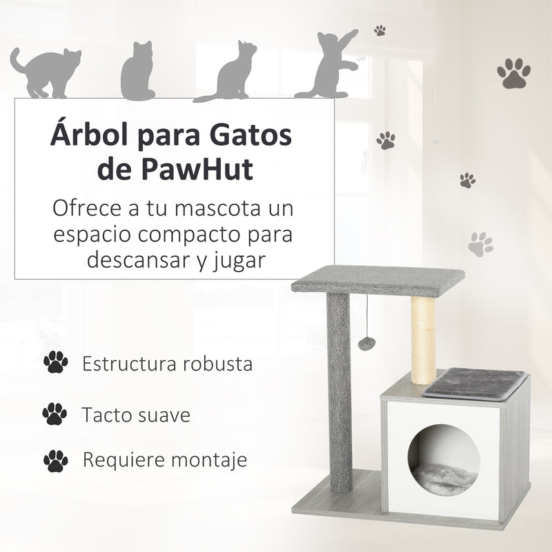 Árvore para gatos de 3 níveis com plataformas postes para arranhar caverna espaçosa almofadas removíveis 59x39x62 cinza