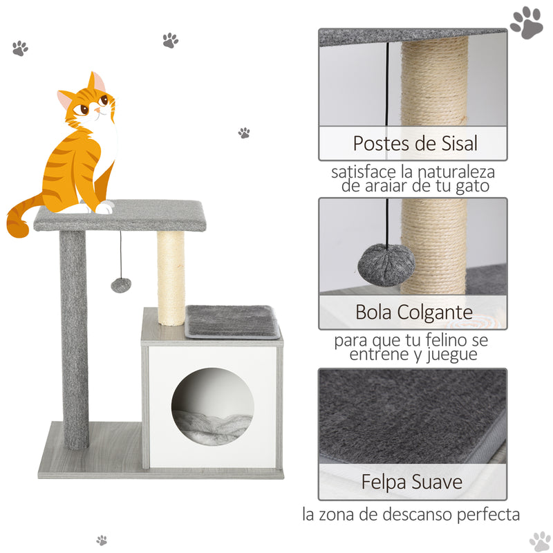 Árvore para gatos de 3 níveis com plataformas postes para arranhar caverna espaçosa almofadas removíveis 59x39x62 cinza