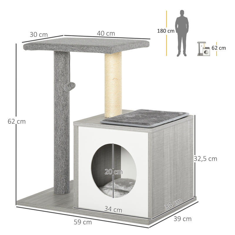 Árvore para gatos de 3 níveis com plataformas postes para arranhar caverna espaçosa almofadas removíveis 59x39x62 cinza