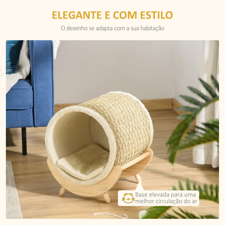 Cama Elevada para Gatos Caverna para Animais de Estimação Aparência de Barril com Superfície de Corda de Algas para Arranhar Almofada e 4 Pés de Madeira 41x38x43cm Madeira