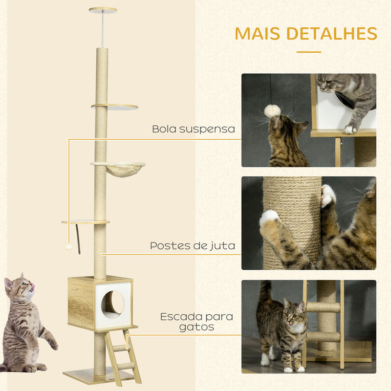 Árvore para Gatos do Chão ao Teto 220-260cm Árvore Arranhador para Gatos com Altura Ajustável Plataformas Rede Caverna Poste de Juta Rampa e Bolas Suspensas 40x40225-285cm Bege