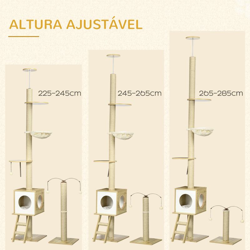 Árvore para Gatos do Chão ao Teto 220-260cm Árvore Arranhador para Gatos com Altura Ajustável Plataformas Rede Caverna Poste de Juta Rampa e Bolas Suspensas 40x40225-285cm Bege