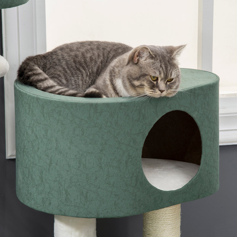 Árvore Arranhador para Gatos Altura 114cm Arranhador para Gatos com 2 Camas Caverna Rede Plataforma Escada Bolas Suspensas e Postes de Sisal 70x50x114cm Verde