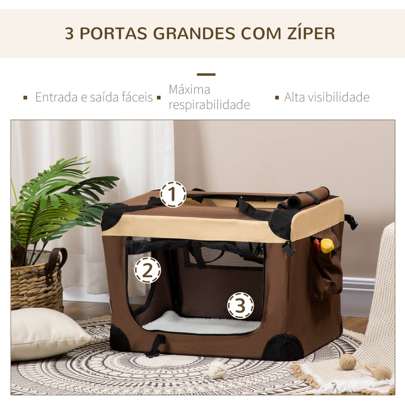 Transportadora para Cães e Gatos Bolsa de Transporte Animais de Estimação Dobrável com Almofada Suave e 2 Correias de Ombro para Carro Avião Viajem 60x41x41cm Marrom