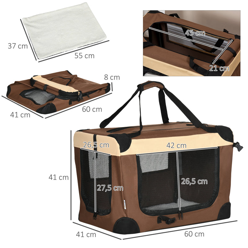 Transportadora para Cães e Gatos Bolsa de Transporte Animais de Estimação Dobrável com Almofada Suave e 2 Correias de Ombro para Carro Avião Viajem 60x41x41cm Marrom