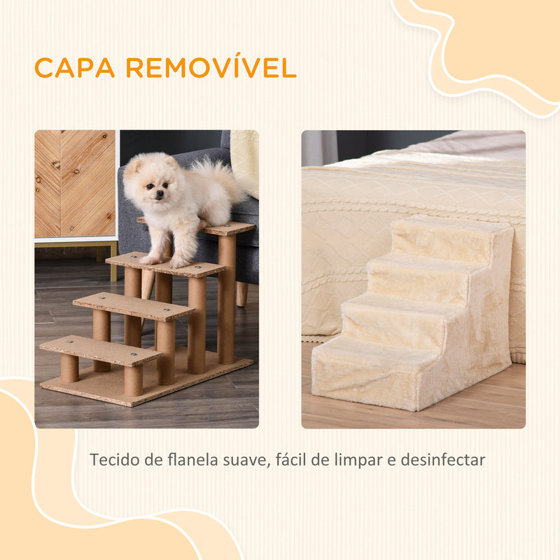 Escada para Animais de Estimação com 4 Degraus 2 em 1 com Capa Removível e Lavável Escada para Cães Gatos Carga 30kg 60x35x44 cm Bege