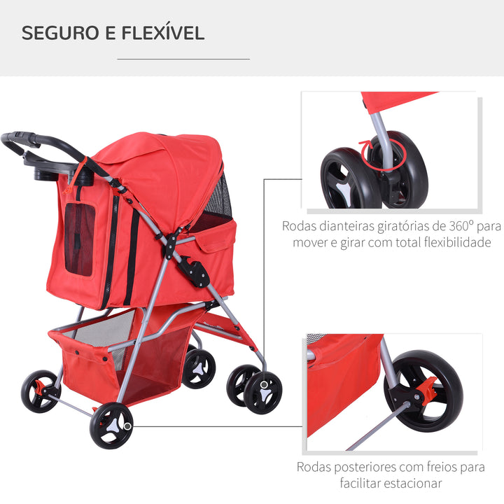 Carrinho dobrável para animais de estimação 84x48x95cm Rodas para carrinho de gato para cão Girar 360º com freio
