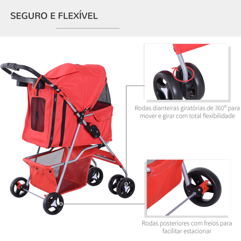 Carrinho dobrável para animais de estimação 84x48x95cm Rodas para carrinho de gato para cão Girar 360º com freio