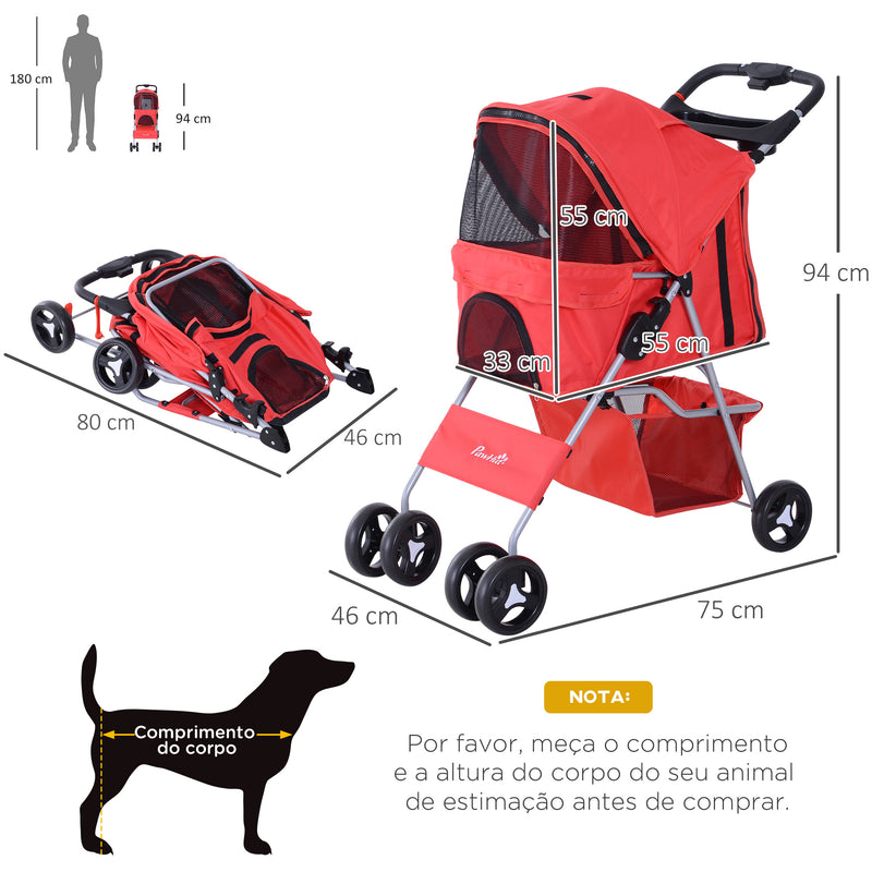 Carrinho dobrável para animais de estimação 84x48x95cm Rodas para carrinho de gato para cão Girar 360º com freio