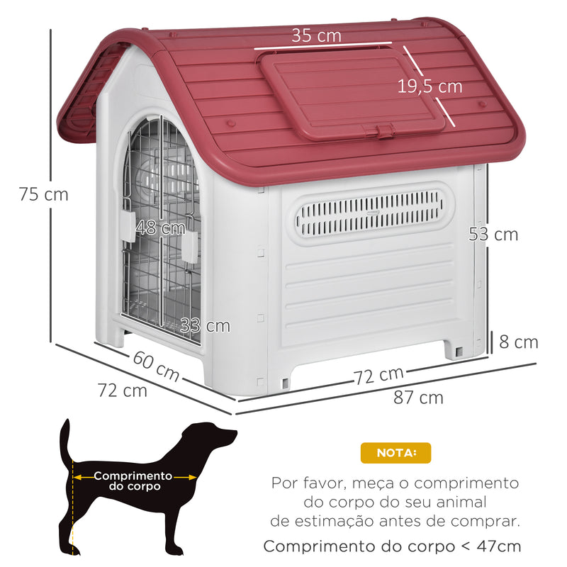 Casota para Cães com Porta Removível Base Elevada 3 Respiradouros e Janela para Interior e Exterior 72x87x75cm Cinza e Vermelho