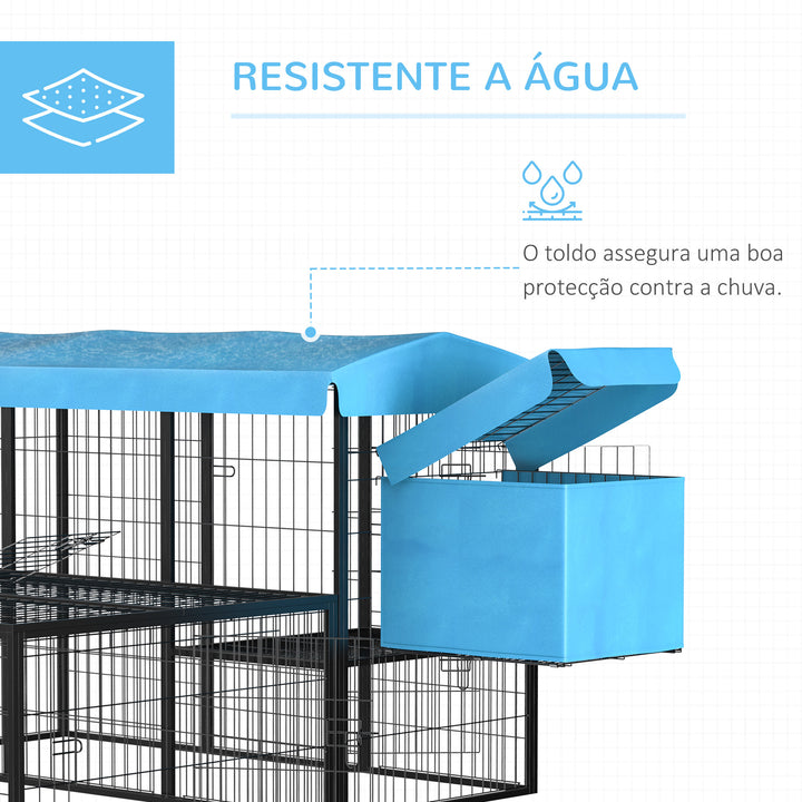 Galinheiro de Metal para 6-10 Galinhas Galinheiro Resistente para Exterior com Toldo Grade de Arame Ninho Múltiplas Portas e Plataforma 200x165,5x103cm Preto e Azul