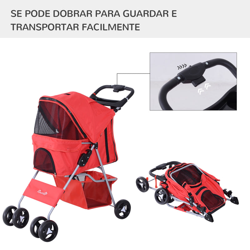 Carrinho dobrável para animais de estimação 84x48x95cm Rodas para carrinho de gato para cão Girar 360º com freio