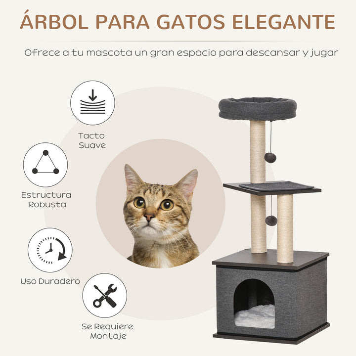 Árvore para Gatos com Caverna de Feltro Desmontável Postes Arranhadores de Sisal Natural Cama Superior Almofadas Removíveis e 2 Bolas de Brinquedo 40x40x104cm Cinza Escuro