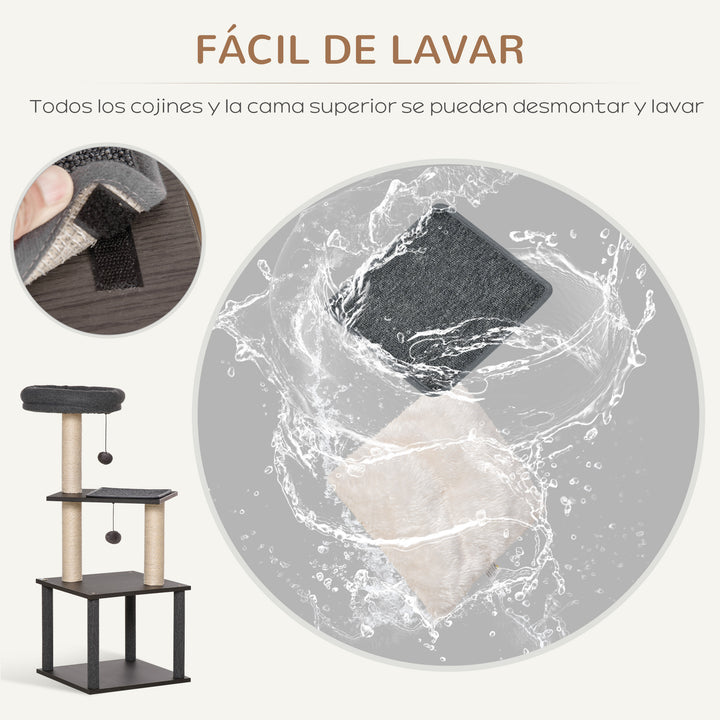 Árvore para Gatos com Caverna de Feltro Desmontável Postes Arranhadores de Sisal Natural Cama Superior Almofadas Removíveis e 2 Bolas de Brinquedo 40x40x104cm Cinza Escuro