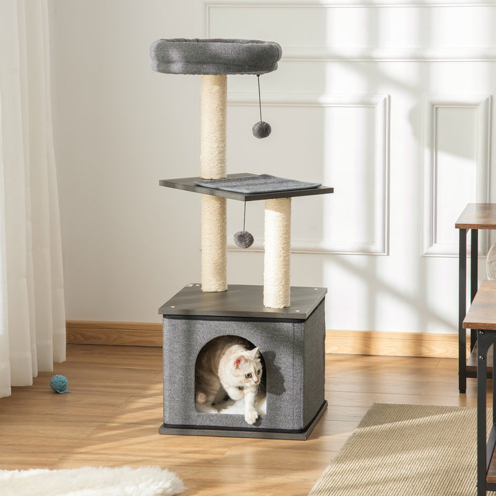 Árvore para Gatos com Caverna de Feltro Desmontável Postes Arranhadores de Sisal Natural Cama Superior Almofadas Removíveis e 2 Bolas de Brinquedo 40x40x104cm Cinza Escuro