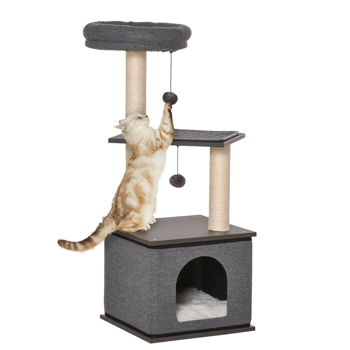Árvore para Gatos com Caverna de Feltro Desmontável Postes Arranhadores de Sisal Natural Cama Superior Almofadas Removíveis e 2 Bolas de Brinquedo 40x40x104cm Cinza Escuro