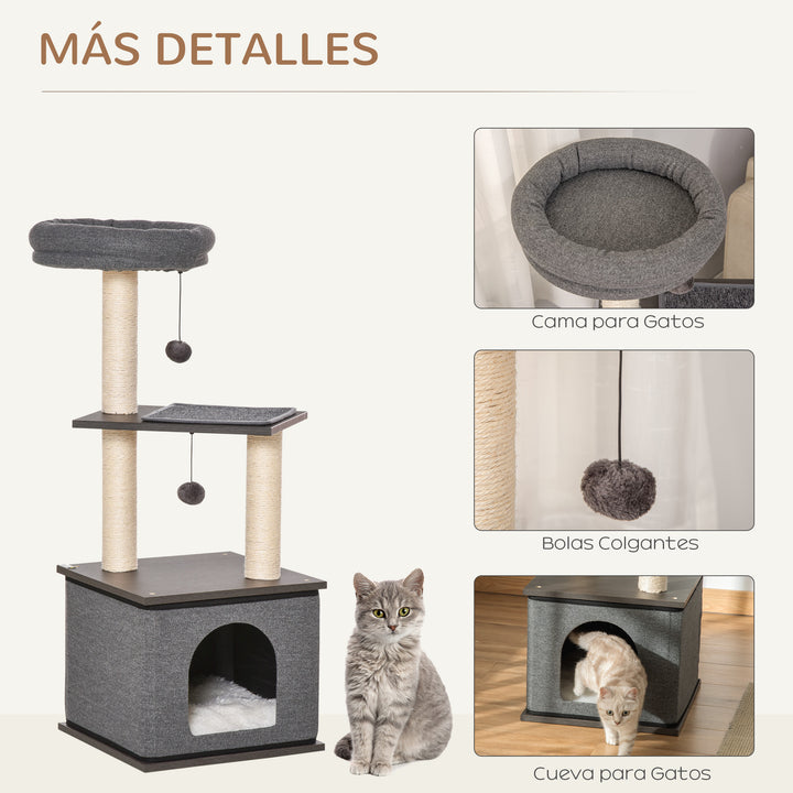 Árvore para Gatos com Caverna de Feltro Desmontável Postes Arranhadores de Sisal Natural Cama Superior Almofadas Removíveis e 2 Bolas de Brinquedo 40x40x104cm Cinza Escuro