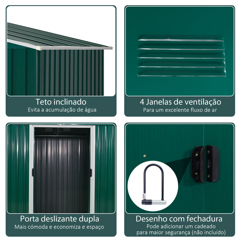 Abrigo de Jardim de 4,1 m² 236x174x190 cm Abrigo de Exterior para Armazenamento de Ferramentas com Portas de Correr e 4 Janelas de Ventilação para Pátio Verde