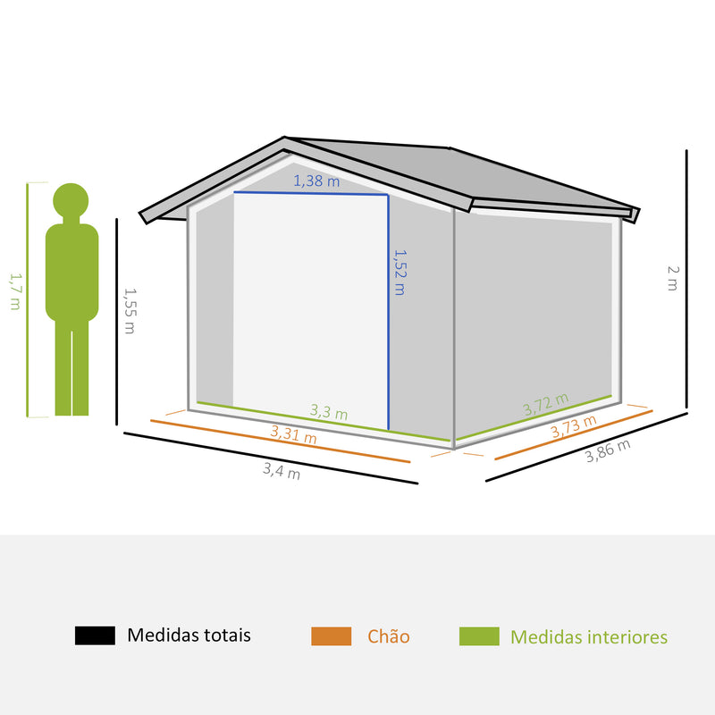 Abrigo de Jardim Metálico 340x386x200cm Abrigo de Exterior para Armazenamento de Ferramentas com Base Incluida 4 Janelas de Ventilação e Porta Corredeira Verde