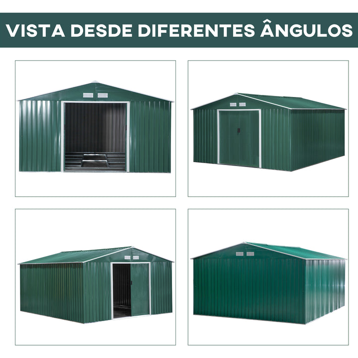 Abrigo de Jardim Metálico 340x386x200cm Abrigo de Exterior para Armazenamento de Ferramentas com Base Incluida 4 Janelas de Ventilação e Porta Corredeira Verde