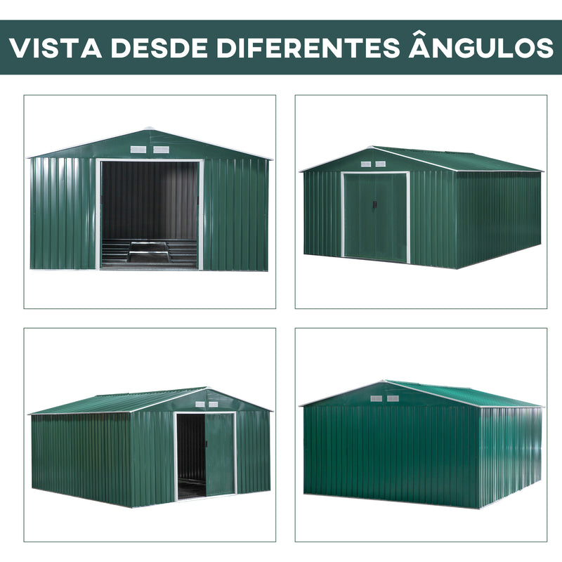 Abrigo de Jardim Metálico 340x386x200cm Abrigo de Exterior para Armazenamento de Ferramentas com Base Incluida 4 Janelas de Ventilação e Porta Corredeira Verde