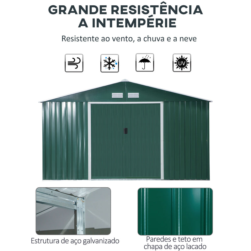 Abrigo de Jardim Metálico 340x386x200cm Abrigo de Exterior para Armazenamento de Ferramentas com Base Incluida 4 Janelas de Ventilação e Porta Corredeira Verde