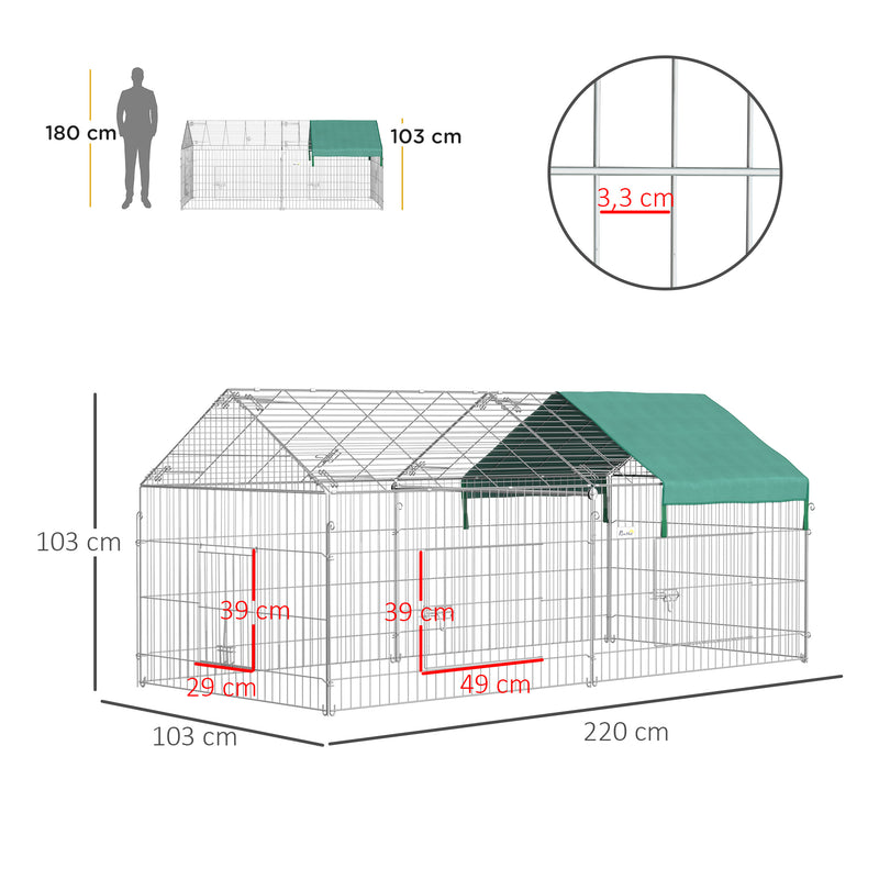 Gaiola para Animais de Estimação Pequenos 220x103x103cm Gaiola para Coelhos e Galinhas com 2 Portas e Proteção Solar para Exterior Jardim Pátio Prata e Verde