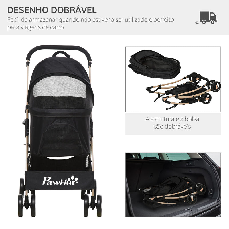 Carrinho para Animais de Estimação 3 em 1 Carrinho para Cães e Gatos Dobrável com Bolsa de Transporte Cesta de Armazenamento e Travão Tecido de Oxford 600D Carga Máxima 15kg 82x49,5x98cm Preto