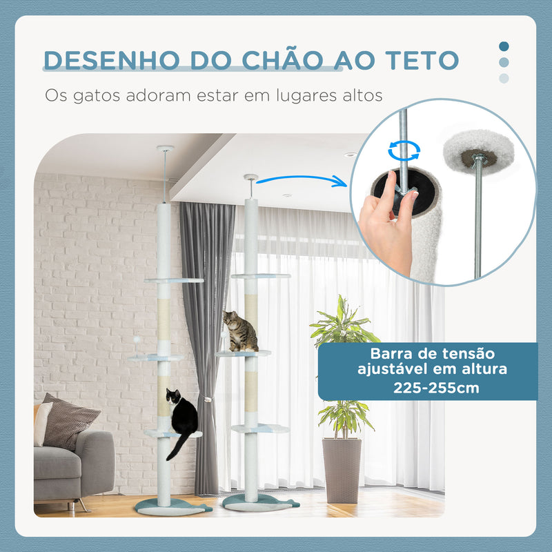 Arranhador para Gatos de 255 cm Torre para Gatos do Chão do Teto com Altura Ajustável 3 Plataformas em Forma de Onda Postes de Arranhar e 1 Bola 55x38x225-255 cm Branco