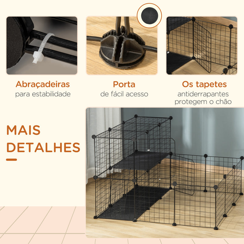 Cerca para Pequenos Animais DIY com 24 Painéis Parque para Animais de Estimação com Grade Metálica Gaiola Modular para Coelhos Chinchilas 105x105x70cm Preto