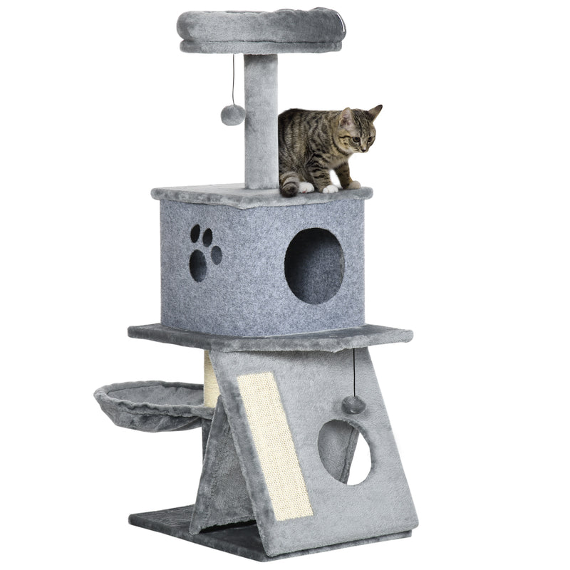 Árvore Arranhador para Gatos Altura 111cm Torre para Gatos com Cama Caverna Rede Bola Suspensa Postes e Rampa de Sisal 50x40x111cm Cinza