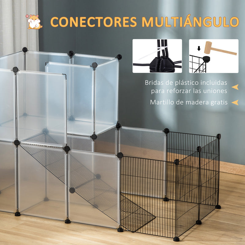 Recinto para Animais de Estimação Pequenos DIY com 21 Painéis de Resina e 6 Painéis de Arame Gaiola Modular de Plástico para Hamsters Cobaias Coelhos 140x70x90cm Transparente e Preto