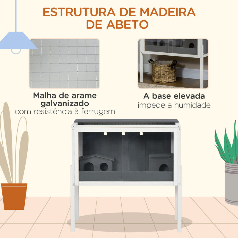 Gaiola para Hamster de Madeira 82x45x81cm Casa para Roedores com 2 Portas de Acrílico Prateleira Amovível 2 Casas para Animais Pequenos Cinza e Branco