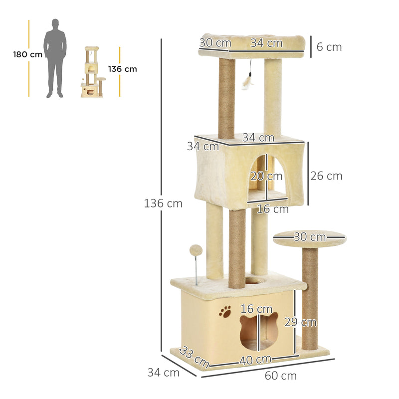 Árvore Arranhador para Gatos Centro de Atividades com Plataformas Cavernas de Felpa Suave Postes para Arranhar de Juta Bola Brinquedo Suspenso 60x34x136cm Bege