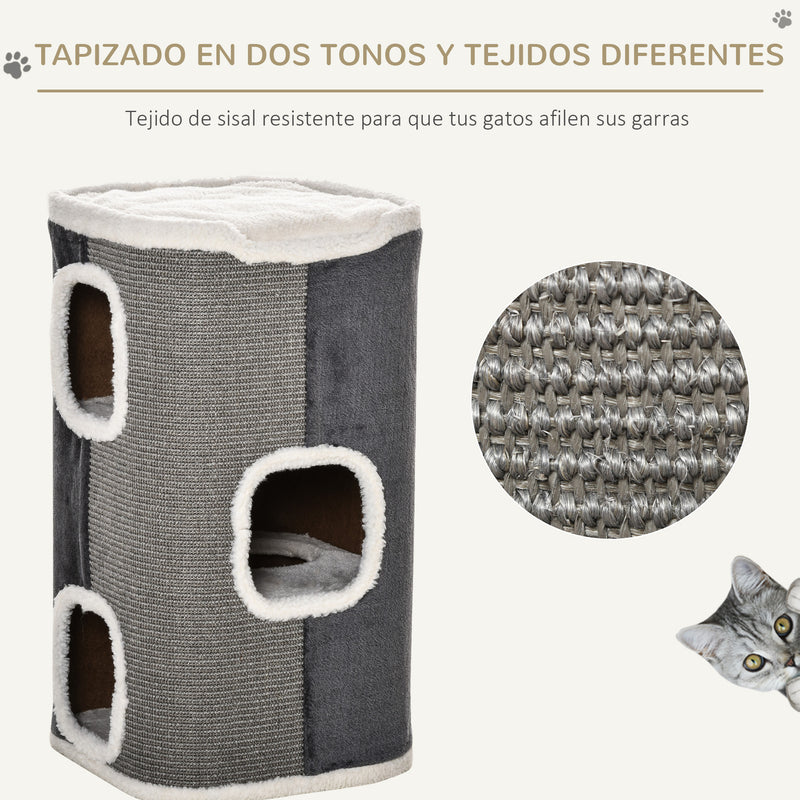 Barril Arranhador para Gatos 74cm de Altura Torre de Escalar com 3 Cavernas de Sisal e Pelúcia Plataforma de Velo 40x40x74cm Cinza