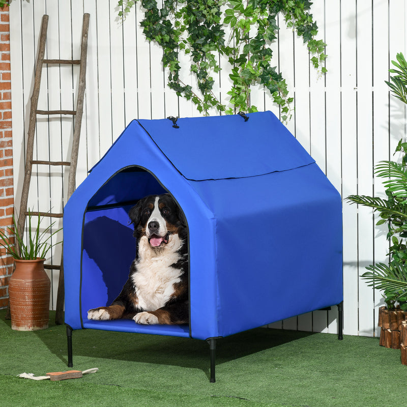 Casa para Cães 130x85x121 cm Cama Elevada para Animais de Estimação com Cobertura Desmontável e Janela de Malha para Cães Grandes e Extra Grandes Azul