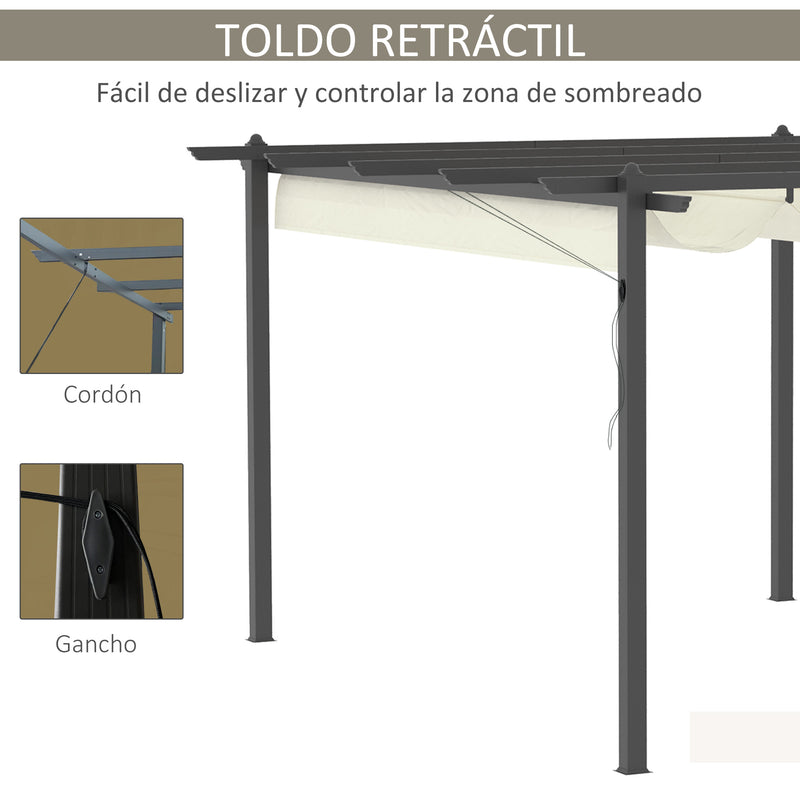 Pérgola de Alumínio 4x3 Pérgola de Jardim com Teto Retrátil Tecido de Poliéster e 8 Orifícios de Drenagem para Pátio Terraço Exterior Creme