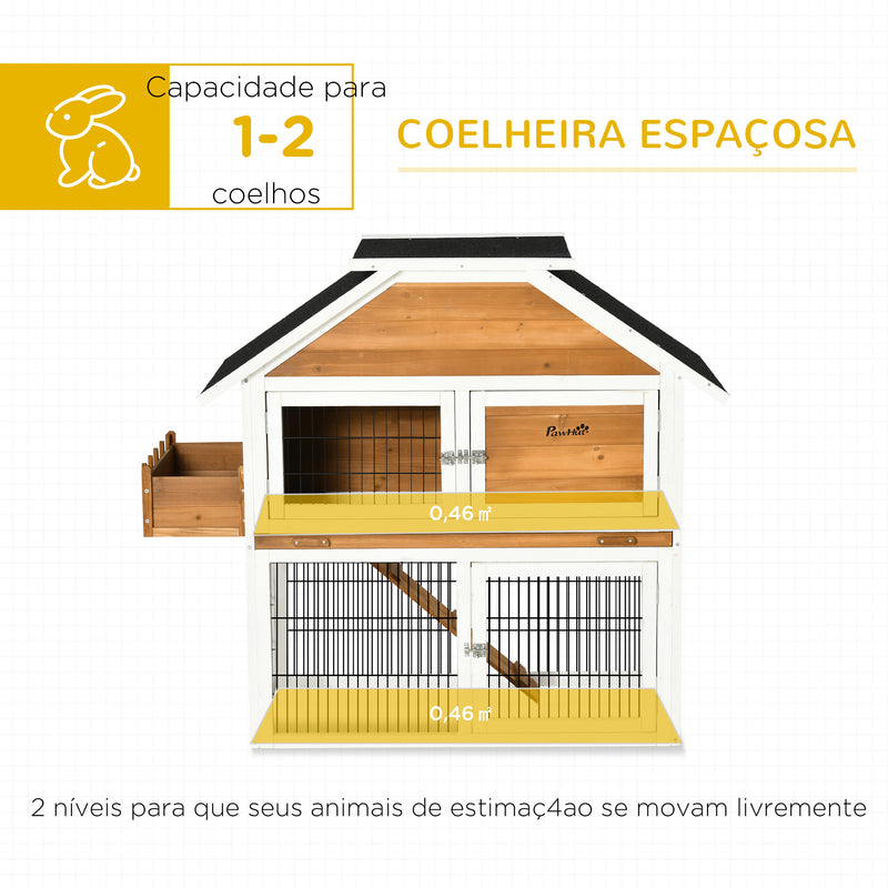 Coelheira de Madeira de Exterior Gaiola para Coelhos de 2 Níveis com Teto Asfáltico Cerca de Metal Floreira para Cultivo Bandeja Removível Portas e Rampa 123x58x106cm Madeira