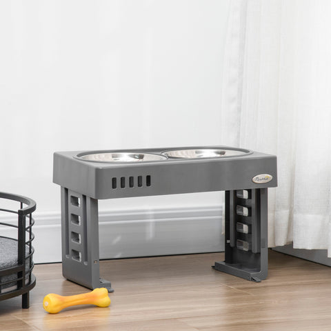 Comedouro Elevado para Cães com 2 Tigelas Desmontáveis de 1200ml e Altura Ajustável de 3 Níveis Comedouro para Animais de Estimação com Tigelas de Aço Inoxidável 44x27,7x28cm Cinza
