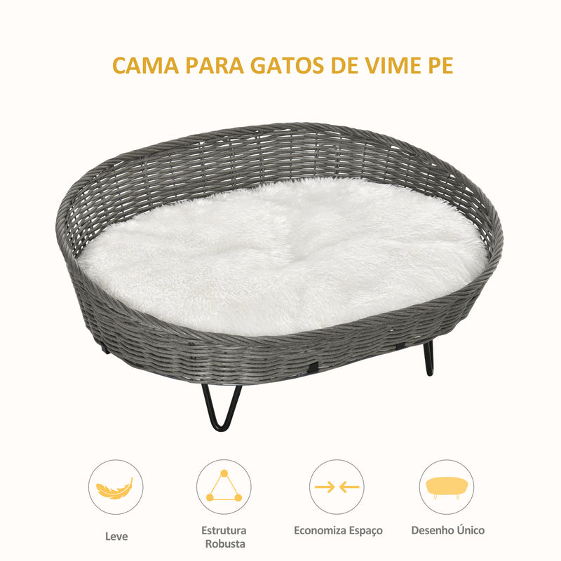 Cama para Cães e Gatos de Vime Cama de Vime para Animais de Estimação Médios e Pequenos com Almofada Lavável e Pés Elevados 76x59x32cm Cinza