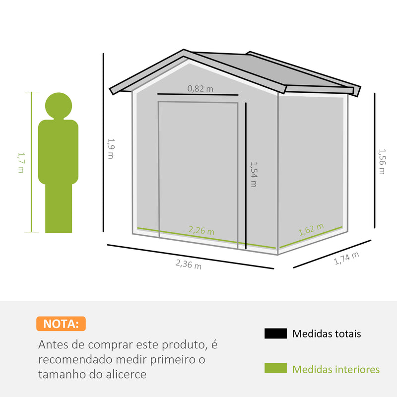 Abrigo de Jardim de 4,1 m² 236x174x190 cm Abrigo de Exterior para Armazenamento de Ferramentas com Portas de Correr e 4 Janelas de Ventilação para Pátio Verde